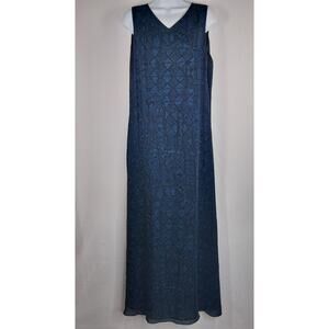 Lauren Ralph Lauren Long Maxi Dress Silk Black Blue Geometric Print Women's 12